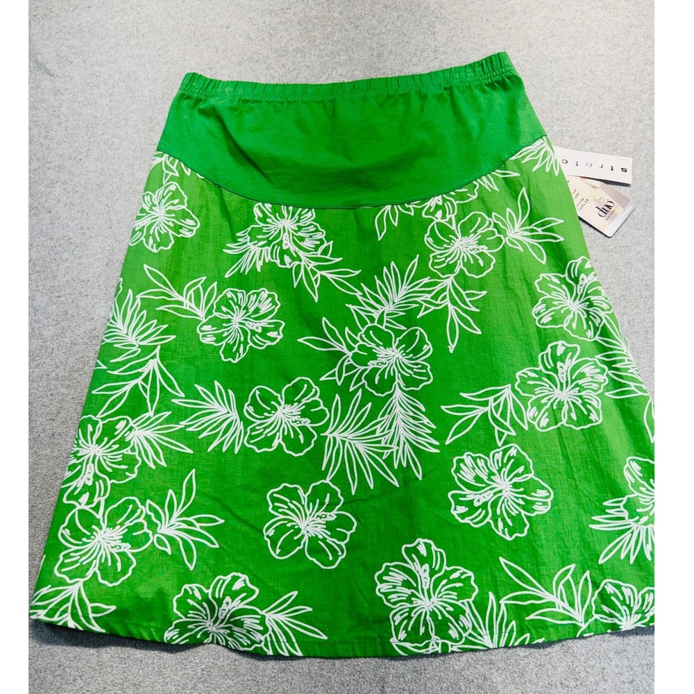NWT Duo Maternity Green Tropical Floral Skirt Size L High Waist‎ Stretch Panel